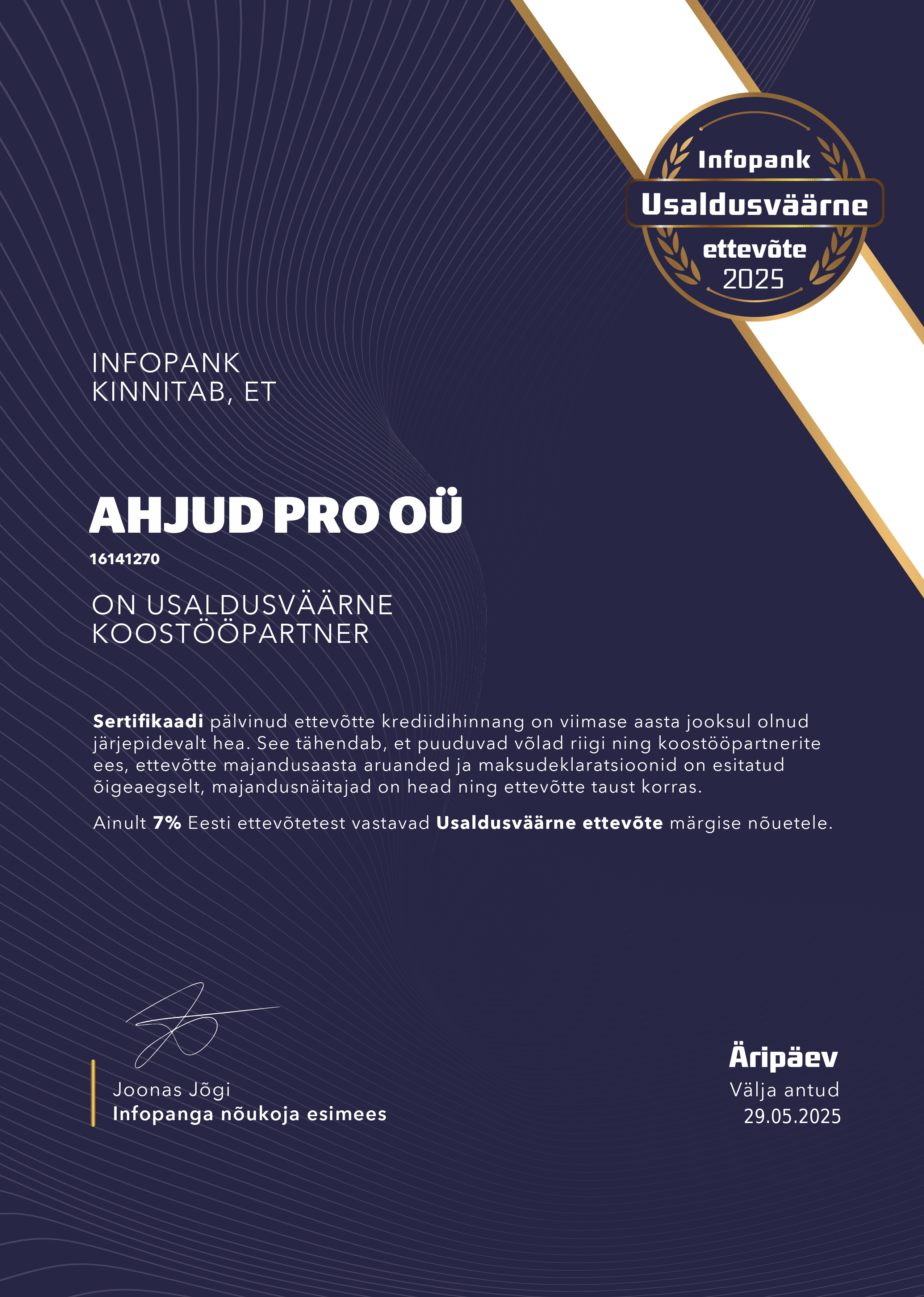 Usaldusväärne ettevõte 2025 - Äripäev sertifikaat